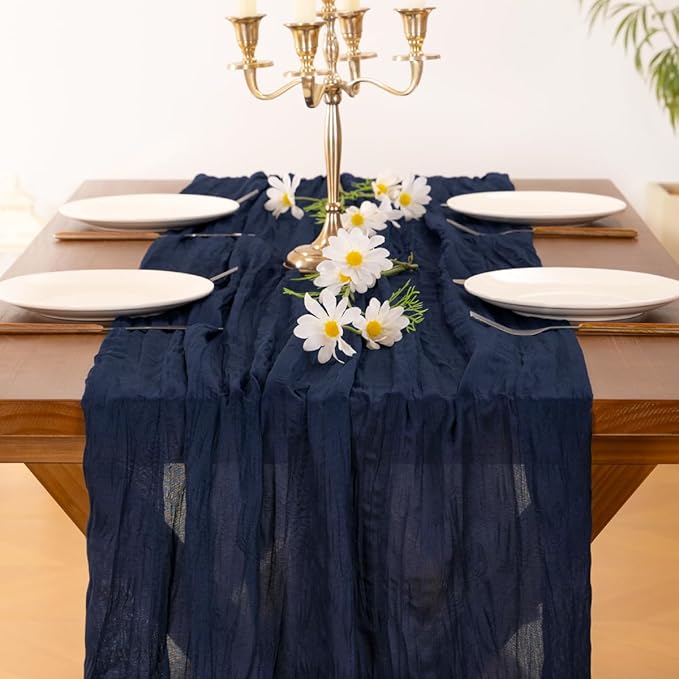 Socomi 6pcs Navy Blue Fall Thanksgiving Cheesecloth Table Runner Boho Rustic Gauze 120 inch 10FT Cheese Cloth Runner for Wedding Party Baby Shower Birthday Home Decor Holiday Decorations