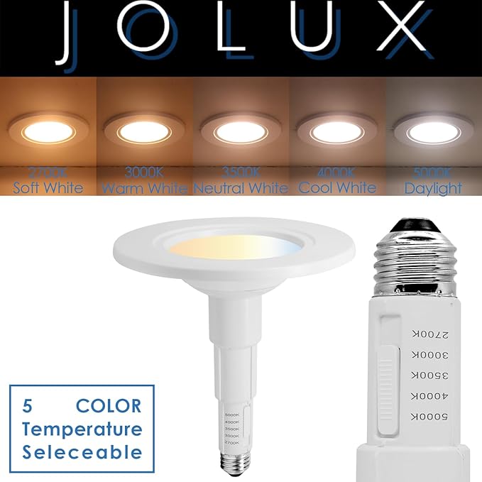Jolux 5/6 Inch 5CCT Retrofit LED Recessed Lighting 6 Pack, Adjustable 5CCT 2700K-5000K, LED Replacement Can Lights,Dimmable,12=60W, E26 Base, Flat Trim,Easy Retrofit Downlight Installation.