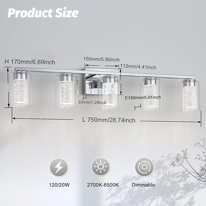 5 Light Chrome Bathroom Light Fixture, Dimmable 5CCT Chrome Bathroom Vanity Lights, 2700K-6500K Modern Crystal Bubble LED Wall Sconce Over Mirror with Clear Glass for Bedroom, Living Room
