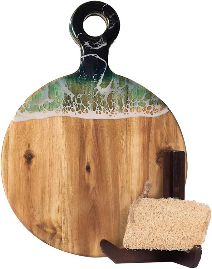 Acacia Wood Cutting Board with Ocean Resin Art, 14.6”x10.2”, Includes Stand & Loofah, Handcrafted Charcuterie Cheese Board & Serving Platter, Great for Décor, Housewarming, Weddings (Round)