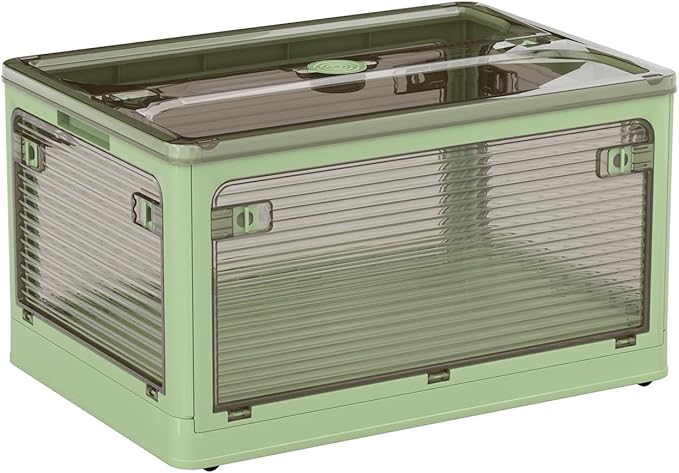 50 Liters Stackable Storage Bins, Closet Organizers with Lid, Wheels, Drawers, Foldable Collapsible Box for Clothes and Camping Out Doors Bins, Green