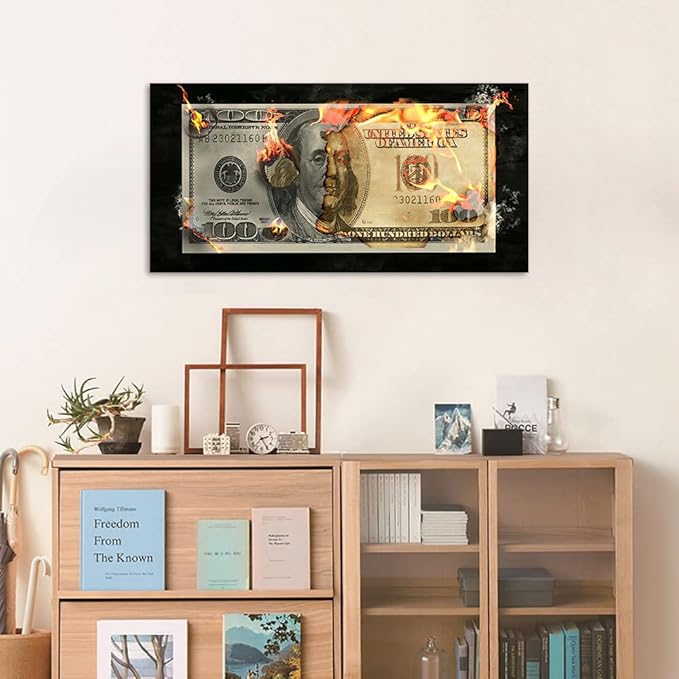 Work Pictures for Office Home Living Room Decor Burning Dollar Wall Paintings Artwork for Home Walls 100 Bill Money Giclee Canvas Art Print for Bedroom Rest Room Kitchen Framed Ready to Hang-32"Wx16"H