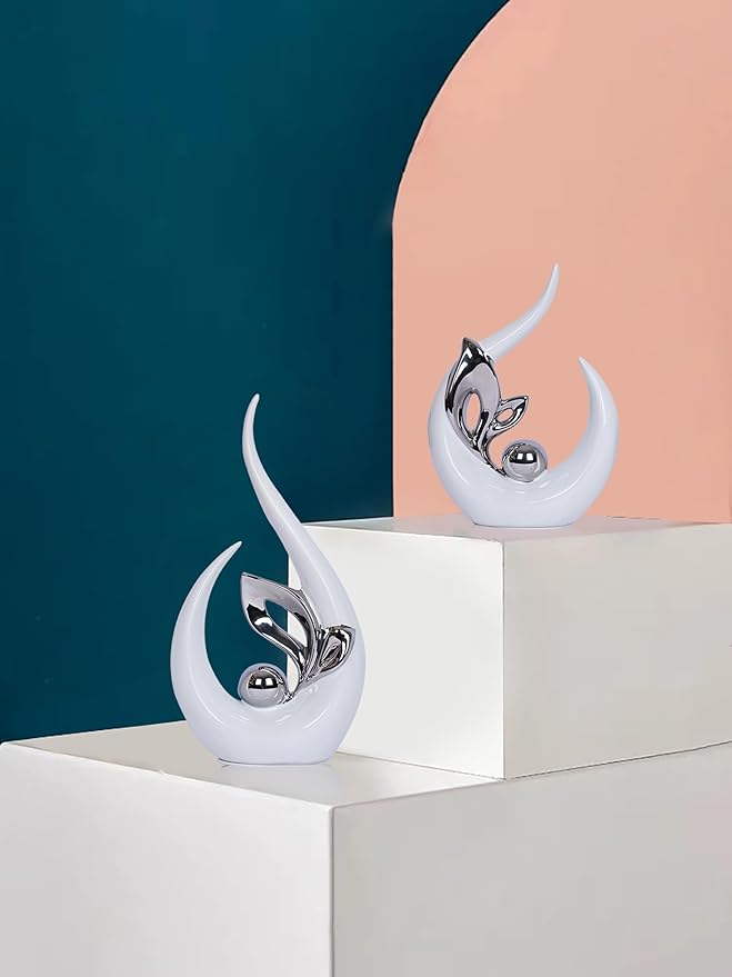 2 PCS White Decor Accent Ceramic Statue White Silver Mid Century Modern Home Decor Accents Sculpture Decorations Centerpieces for Living Room Kitchen Coffee Table Shelf Bookshelf Office Dining Table