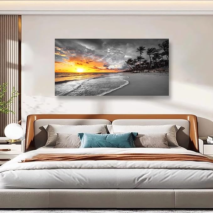 Ocean Wall Art Bedroom Wall Decor Living Room,Beach Canvas Wall Art Office Farmhouse Paintings Artwork Modern Sunset Palm Tree Black and White Sea Coast Wall Art Prints Pictures 20 * 40inch