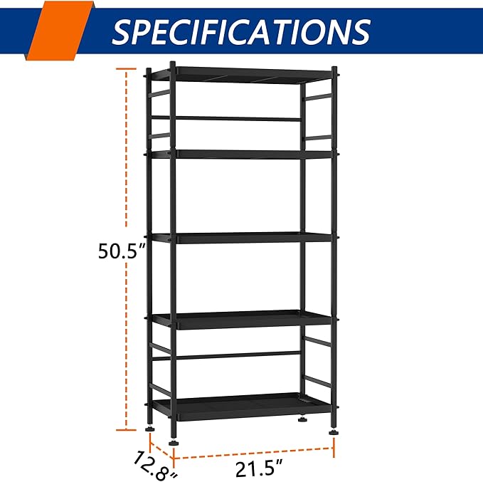 5-Wire Shelving Metal Storage Rack Shelves, Standing Storage Shelf Units for Laundry Bathroom Kitchen Pantry Closet(Black, 21.5L x 12.8W x 50.5H)