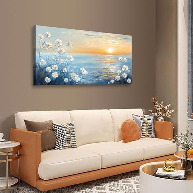 Seascape Pictures Canvas Wall Art for Living room Office Bedroom Wall Decor, Natural Landscape Wall Art Print Modern Noble White Flower Oil Painting Artwork Waterproof Ready to Hang-20x40inch
