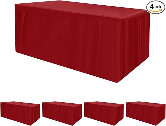 HolidayIdeas 4 Pack Red Fitted Tablecloth for 8ft Tables, 4-Sided Christmas Table Cover for Holiday Markets, Yard Parties, & Gift Tables, Wrinkle-Resistant Washable Xmas Decorations