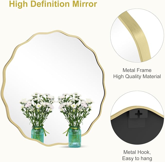 WallBeyond Round Wavy Mirror for Wall Decorative 32 inch, Modern Round Mirror Aluminum Frame for Bathroom Bedroom Living Room Home House Office Entryway, Gold