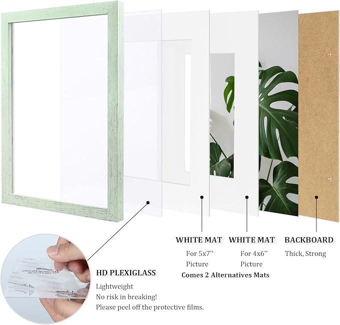 Egofine 8x10 Picture Frames Set of 4, Made of Solid Wood Covered by Plexiglass 4x6 and 5x7 with Mat or 8x10 without Mat, for Table Top Display and Wall Mounting Photo Frame Rustic Green