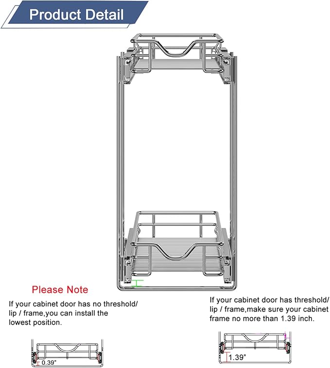 DINDON Pull Out Cabinet Organizer (7-1/2" W x 21-1/2"D), Cabinet Pull Out Shelves, 2 Tier Pull Out Drawers for Kitchen Cabinets, Wire Basket Slide Out Shelf for Cabinet Organization