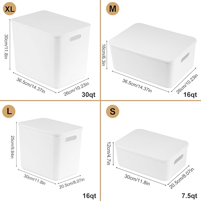 DOUKE White Large Plastic Storage Bins with Lids, 30qt & 16qt Closet Organizers and Storage Tubs, 12" Deep Lidded Aesthetic Storage Containers(4XL+2L)