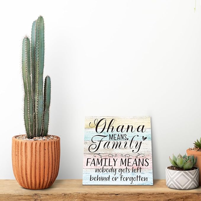 Family Wooden Plaque, “Family Means Nobody Gets Left Behind or Forgotten”, 6.2x6.2 Inch Table Art Sign, Farmhouse Quote Decor for Living Room or Home Tabletop A