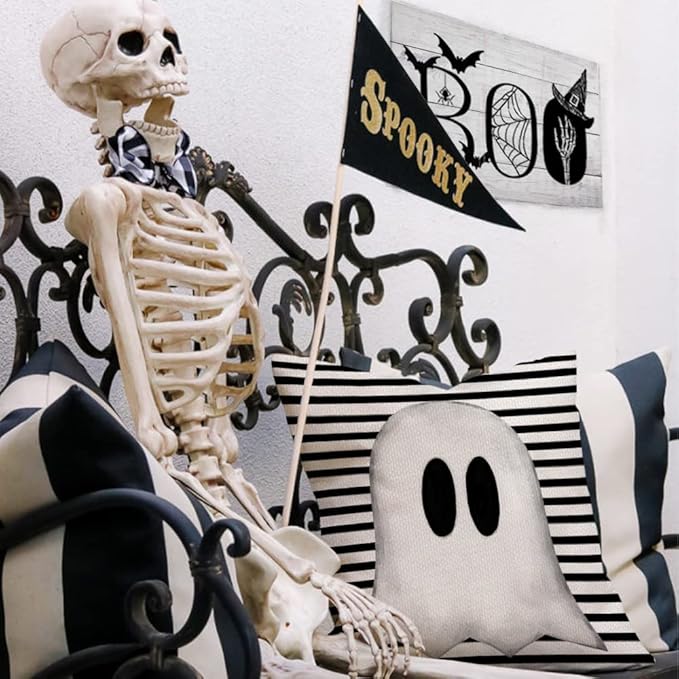 AACORS Halloween Throw Pillow Cover 20X20 Inch White Ghost Striped Decorations Holiday Farmhouse Cushion Case for Home Sofa Couch Decor AA012-20