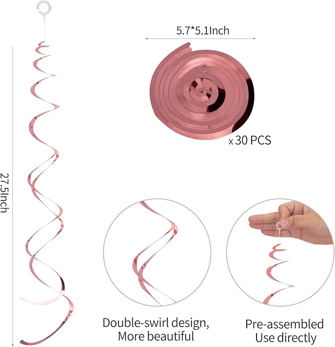 30 Pieces Rose Gold Foil Hanging Swirls for Hollywood Party Decorations Wedding Graduation Birthday Baby Shower Decorations