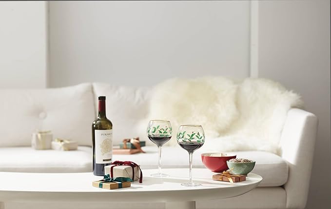 Lenox Drinkware, Holiday 4-Piece Wine Balloon Glass Set, Set Of 4, 16 Oz Capacity, Made From Glass, Festive Red Christmas Design, Hand Wash Only, Christmas Decorations, Winter Decor (4 Piece)