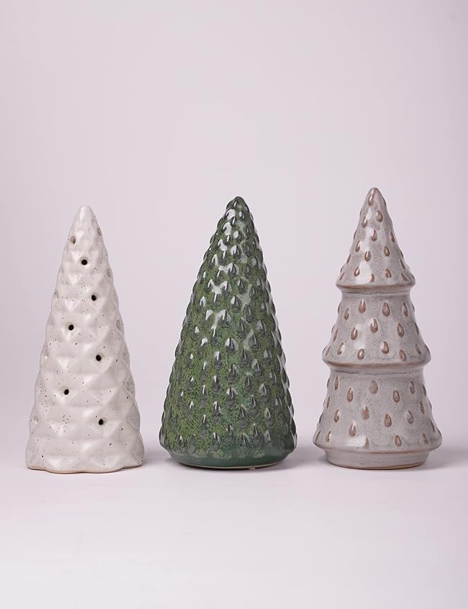 HAUCOZE 3pcs Christmas Figurine Decor Tree Statue Modern Sculpture Home Gifts Table Centerpiece Crafts Ceramic Arts 5.9inch