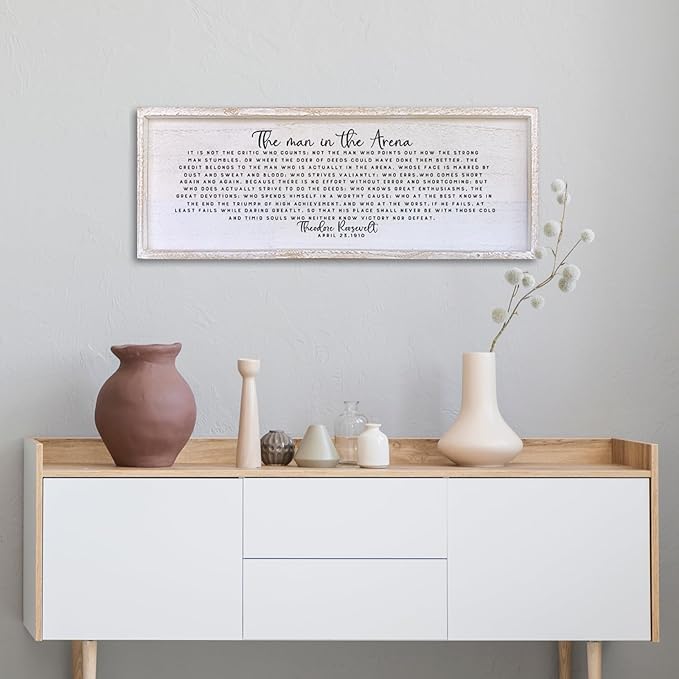 Surfapans The Man In The Arena Wall Decor 40"x15" Morden Office Motivational Wood Framed Sign For Men Large Farmhouse Living Room Inspirational Quotes Positive Speech Home Wall Decoration (White)