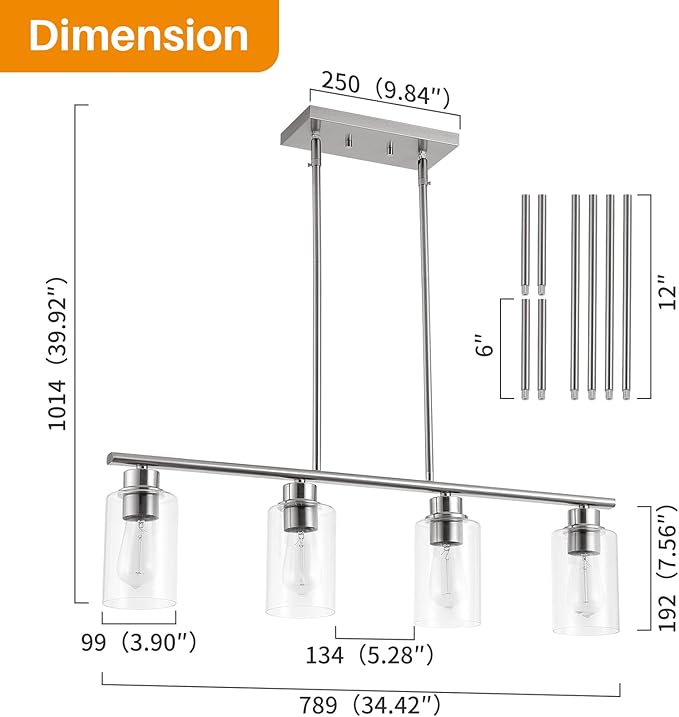 Kitchen Island Light, 4-Light Pendant Lighting, Farmhouse Dining Room Light Fixtures for Kitchen Island Dining Living Room, Brushed Nickel with Clear Glass Shade
