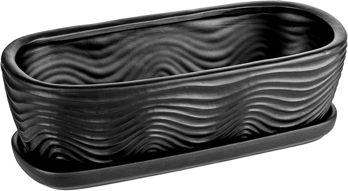 MyGift 13.5 inch Succulent Planter Pot, Oval Modern Ceramic Plant Box Container with Wave Textured Pattern and Removable Saucer Drip Tray (Black)