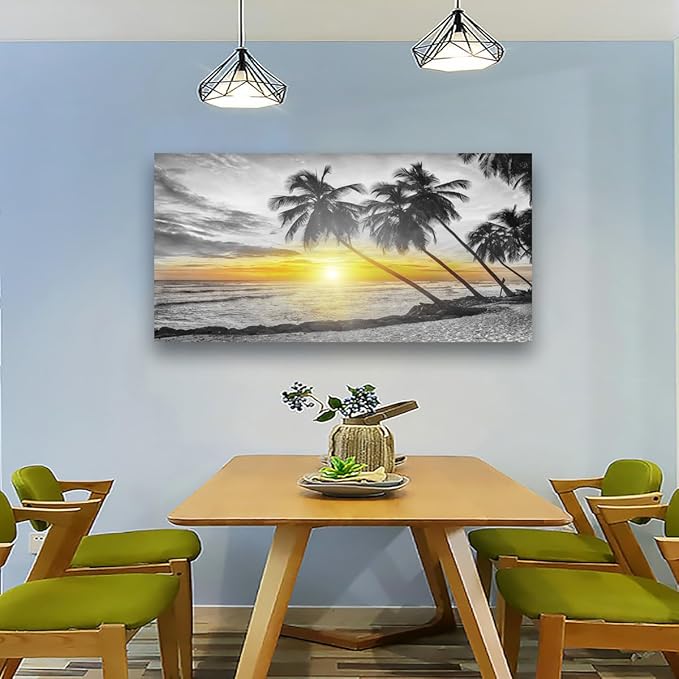 Beach Wall Art Bedroom Wall Decor Living Room,Ocean Canvas Wall Art Office Farmhouse Paintings Artwork Modern Golden Sunshine Black and White Sea Wall Art Prints Pictures 20 * 40inch