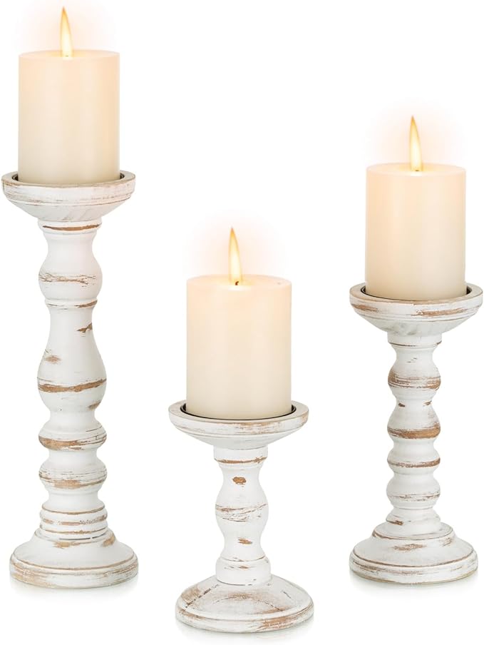Wood Candle Holders for Pillar: Rustic Candles Holder Set of 3 Tall Table Centerpiece Decor Wooden White Farmhouse Decorations for Fireplace Mantle