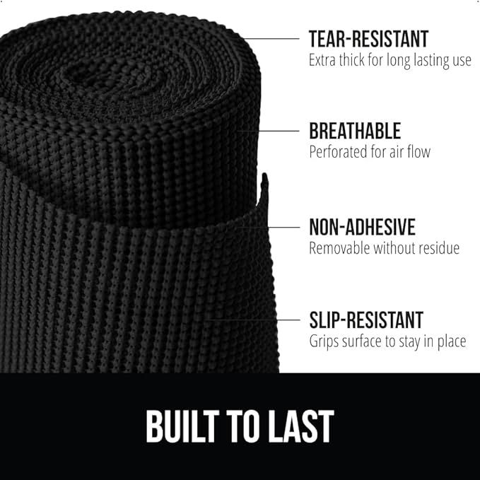 GORILLA GRIP powerGRIP Drawer Shelf and Cabinet Liner, Thick Strong Hold, Non-Adhesive Liners Protect Kitchen Cabinets and Cupboard, Bathroom Drawers, Easy Install, Breathable Mat, 20" x30', Black