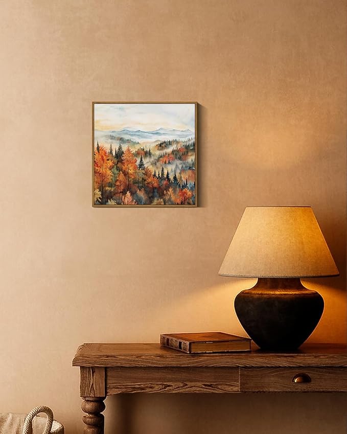 InSimSea Square Framed Canvas Wall Art, Classical Scenery Prints Landscape Pine Forest In The Morning Mist, Autumn Fall Home Wall Decor for Living Room, Bedroom, Bathroom, Office 16"x16"