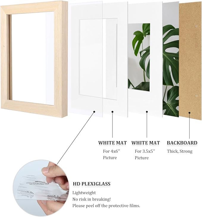 Egofine 4x6 Picture Frames Set of 4, Made of Solid Wood Covered by Plexiglass 3.5x5 with Mat or 4x6 without Mat, for Table Top Display and Wall Mounting Photo Frame Oak Wood