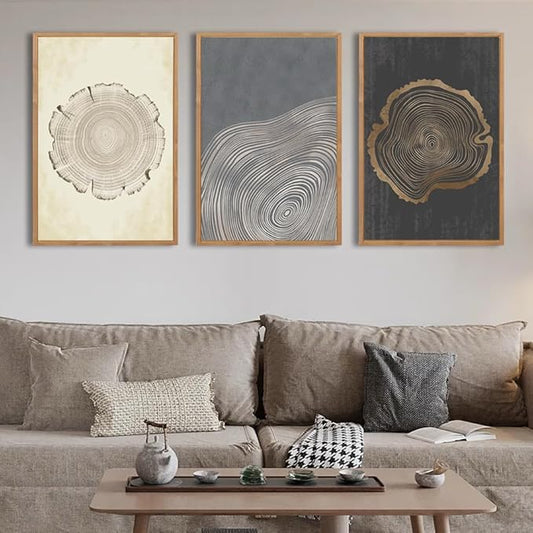 IARTTOP Large Framed Neutral Tree Ring Wall Art 16x24 Inch Set of 3 Modern Abstract Minimalist Wood Stump Wall Decor for Living Room Bedroom Office