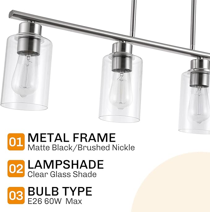 Kitchen Island Light, 4-Light Pendant Lighting, Farmhouse Dining Room Light Fixtures for Kitchen Island Dining Living Room, Brushed Nickel with Clear Glass Shade