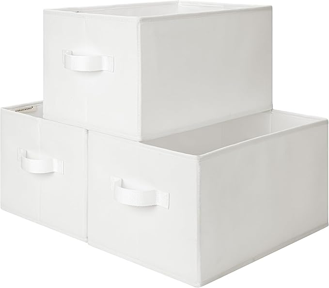 StorageWorks Storage Baskets for Shelves, Foldable Fabric Closet Storage Bins with Handles, Fabric Storage Bins Clothes Organizer, White, 3-Pack, Large