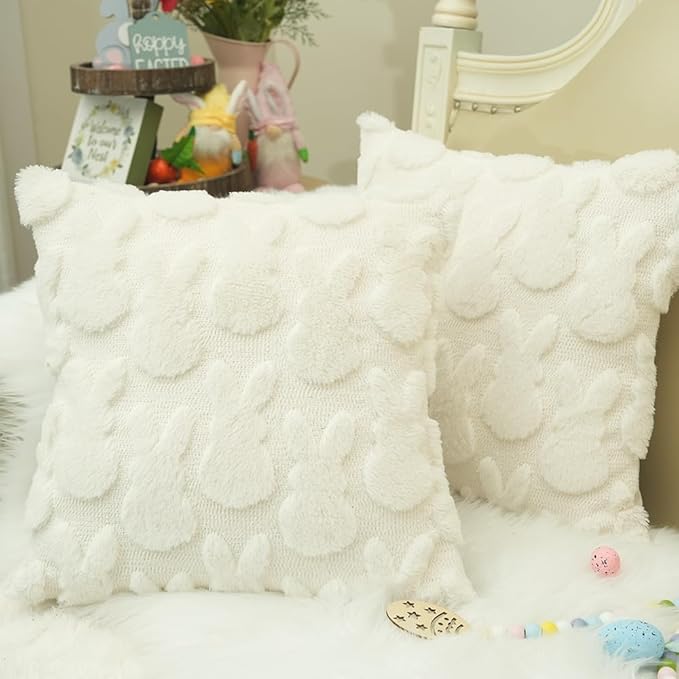 GEEORY Easter Bunny Soft Plush Pillow Covers, 16 x 16 Inch Set of 2, Fluffy Faux Fur Wool Decorative Farmhouse Cushion Case for Sofa Home Decoration Beige GC013-16