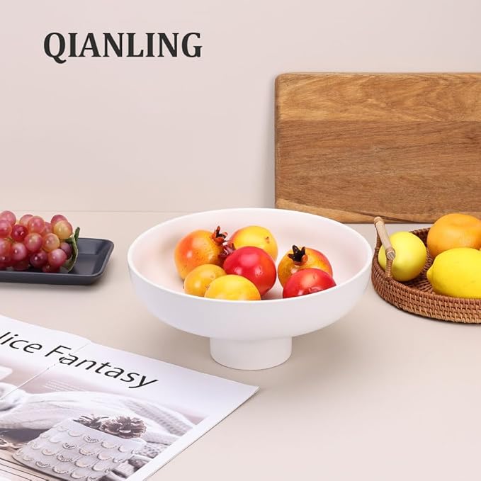 QIANLING Modern Large Decorative Bowl - White Fluted Pedestal Bowl, Multi-Functional Fruit Bowl, Key Bowl, Candy Dish, Ideal for Entryway Table, Kitchen Counter, Living Room, Coffee Table Decor