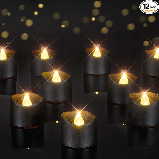 Homemory Black Tea Lights Candles Battery Operated, 200+Hour Flameless Flickering Fake Electric LED Colored Tealights Candles for Halloween, Theme Party, Wedding Table Decor, Holiday Decor, 12-Pack