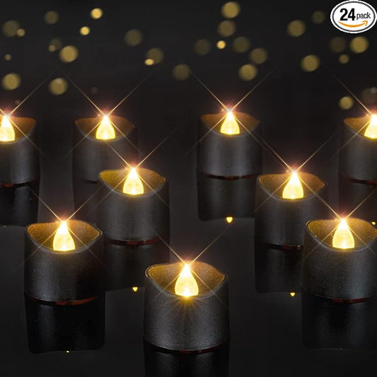 Homemory Black Tea Lights Candles Battery Operated, 200+Hour Flameless Flickering Fake Electric LED Colored Tealights Candles for Halloween, Theme Party, Wedding Table Decor, Holiday Decor, 24-Pack