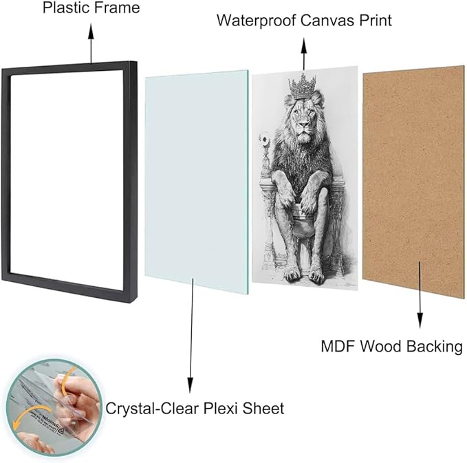 Minimalist Bathroom Wall Decor, Lion with Goreous Crown Wall Art, Majesty, Fun Bathroom Animal Art, Black and White Canvas Prints can be Hung Directly - Frame, 11 "x 14"