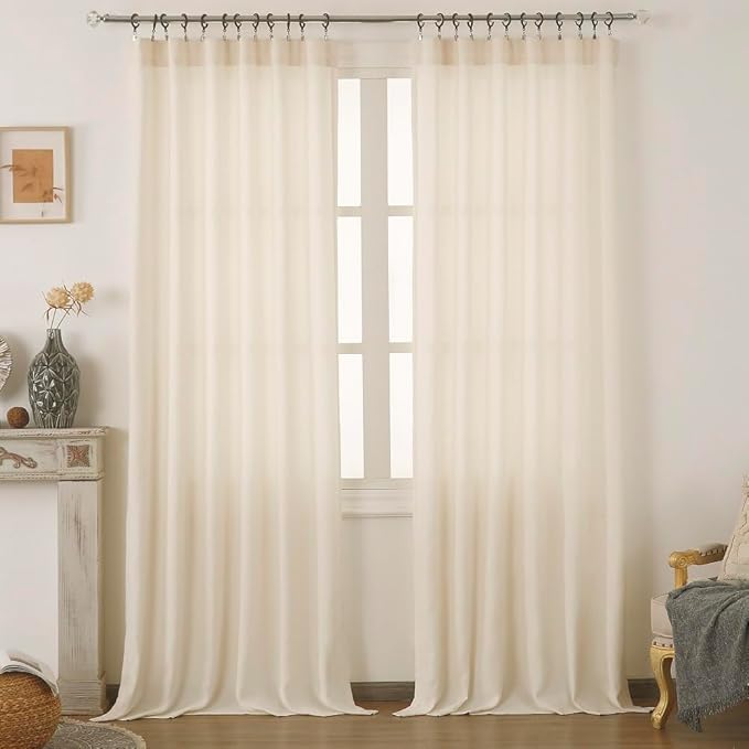 Cream Beige Thick Linen Semi Sheer Curtains 84 Inches Long, Boho Light Filtering Drapes Set of 2, Pinch Pleat Curtain with Hooks