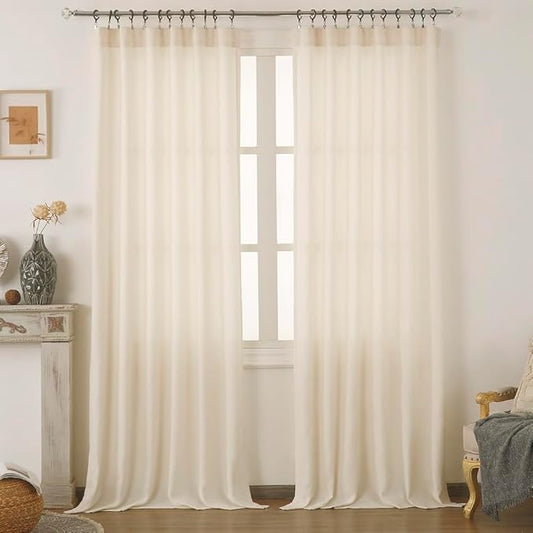 Cream Beige Thick Linen Semi Sheer Curtains 84 Inches Long, Boho Light Filtering Drapes Set of 2, Pinch Pleat Curtain with Hooks
