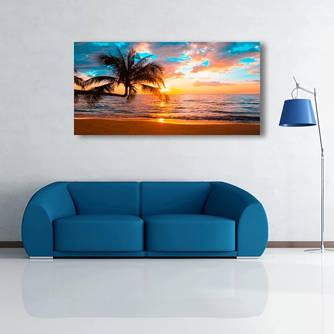 Beach Sunset Pictures Canvas Wall Art For Living Room Bedroom Wall Decor,Sunset Wall Art Print Paitnings For Home Decor,Morden Artwork Palm Cloud Canvas Art Waterproof Ready To Hang-20X40Inches