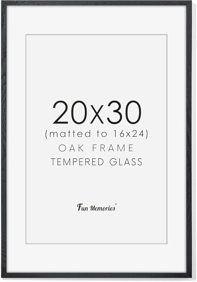 20x30 Picture Frames in Black, 20"x30" Oak Wood Poster Frame, 20 x 30 Wood Frame with Real Glass, 20x30 Matted Frame for 16x24 Picture (Black, 1 Pack)