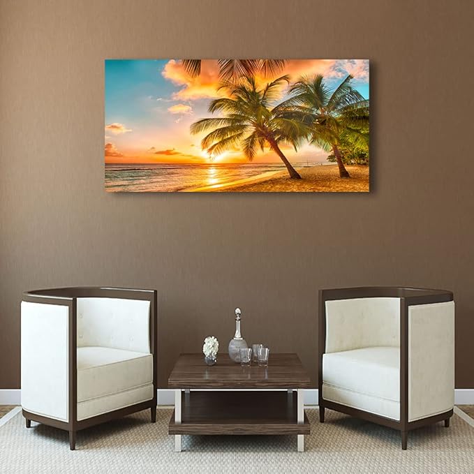 Beach Themed Wall Art Canvas Prints Seascape Picture Bathroom Décor Ocean Tree Sunset Paintings for Living Room Bedroom Office Home Kitchen Decorations 24x48 Wooden Framed Natural Landscape Artwork