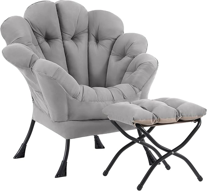 Lazy Chair with Ottoman, Modern Floral Reading Chair with Folding Footrest, Lounge Accent Chairs, Comfortable Oversized Armchairs for Bedroom, Living Room, Courtyard, Light Grey