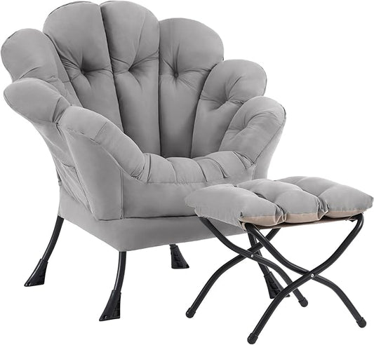 Lazy Chair with Ottoman, Modern Floral Reading Chair with Folding Footrest, Lounge Accent Chairs, Comfortable Oversized Armchairs for Bedroom, Living Room, Courtyard, Light Grey