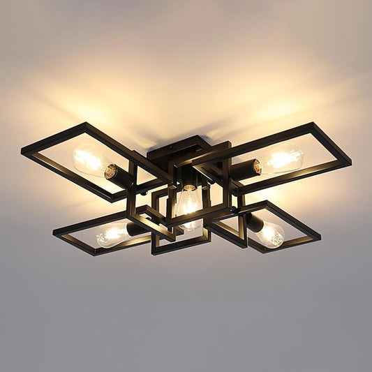 ZGLAOJT Black Industrial Flush Mount Ceiling Light 5-Light Kitchen Light Fixtures Modern Large Matte Sputnik Chandelier for Dining Room Bedroom Farmhouse Living Room