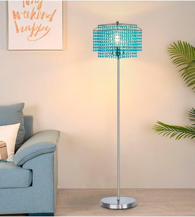 Luvkczc Crystal Floor Lamp Blue, 64" Tall Elegant Standing Lamp with On-Off Foot Switch, Double-Layer Lampshade, Light Blue Standing Lamps for Living Room, Bedroom, Office, 8W Bulb Included