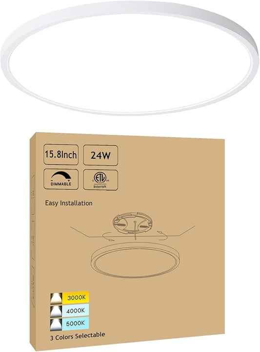 15.8 Inch Dimmable LED Ceiling Light Flush Mount, Low Profile 24W 3000K-4000K-5000K 3 Color Temperature Selectable,120V, Bright 2400LM, ETL Listed