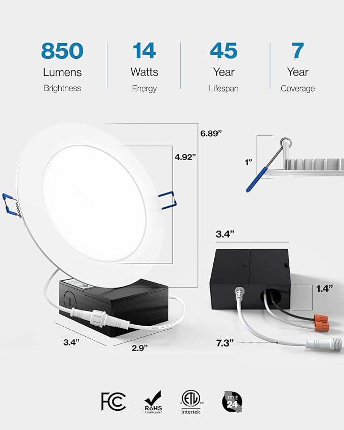 Sunco Lighting 6 Pack 6 Inch Ultra Thin LED Recessed Ceiling Lights, 6000K Daylight Deluxe, Dimmable, 14W, Wafer Thin, Canless with Junction Box