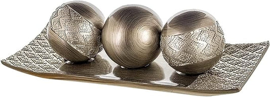 Creative Scents Dublin Silver Decorative Tray and Orbs Balls Set - Centerpiece Bowl with Balls for Dining room Table, Rustic Coffee Table Decor for Living Room Decor, Gift Boxed