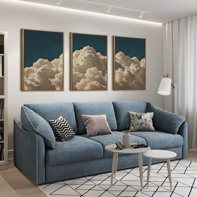 IARTTOP Extra Large Cloud Canvas Wall Art 24x36 Inch Framed Abstract Modern Landscape Wall Decor Navy Blue Sky Painting Set of 3 for Bedroom Living room