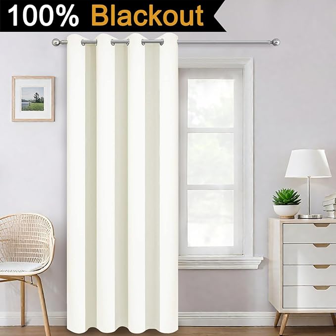 Yakamok 100% Cream Blackout Curtains for Bedroom, Light Blocking Thermal Insulated Noise Reducing Blackout Drapes for Living Room(52Wx84L, 1 Panel)
